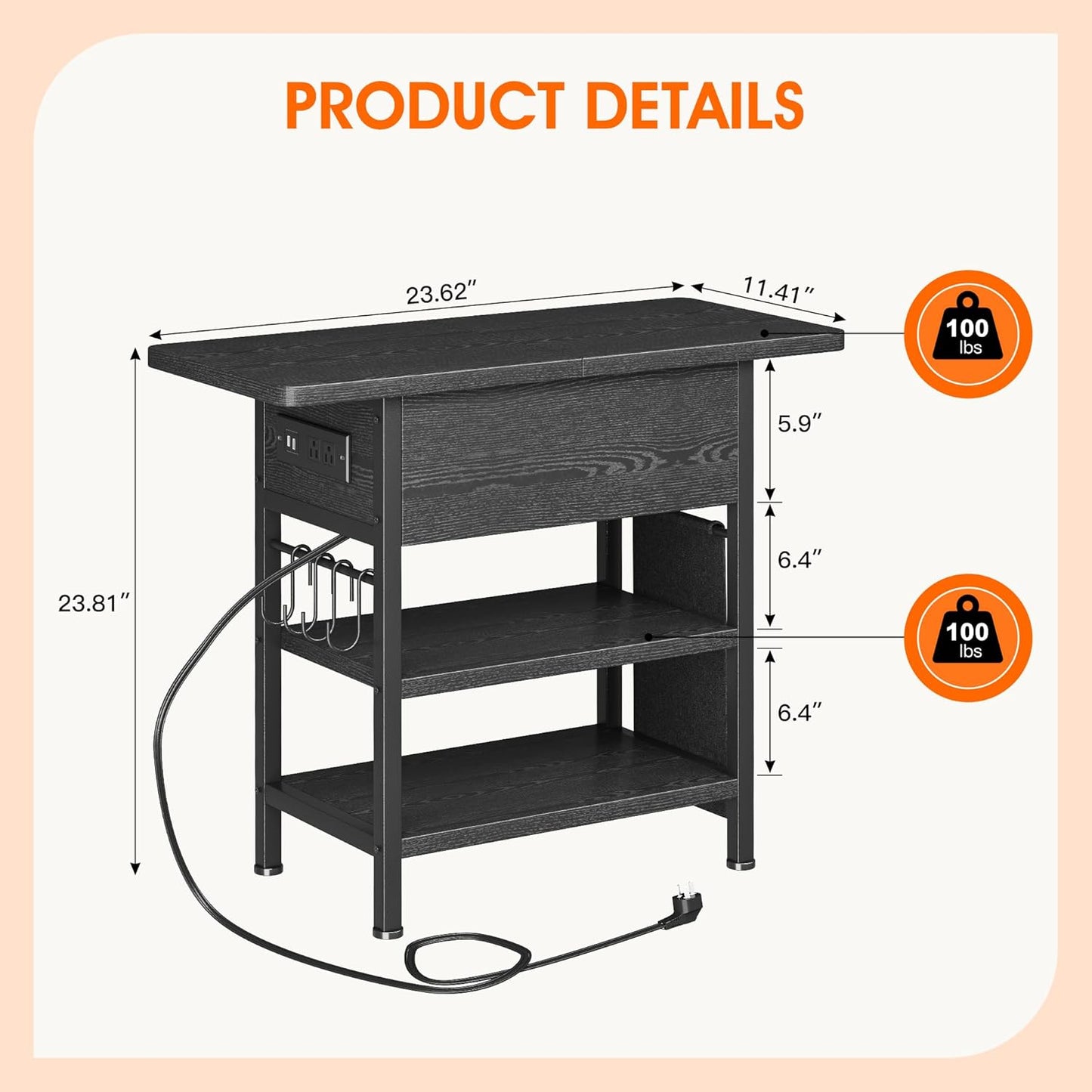 End Table with Charging Station, Flip Top Nightstand with USB Ports and Outlets,Couch Side Table