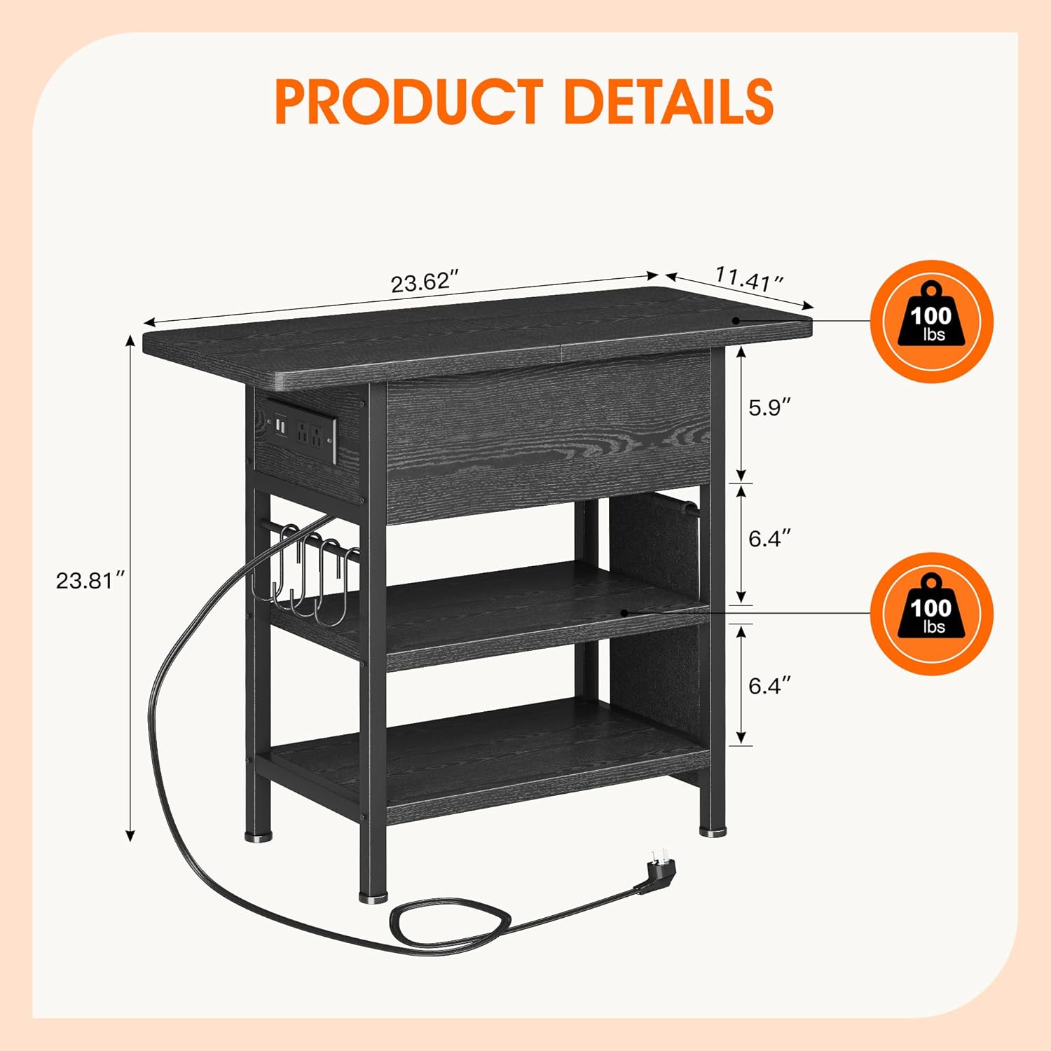 End Table with Charging Station, Flip Top Nightstand with USB Ports and Outlets,Couch Side Table