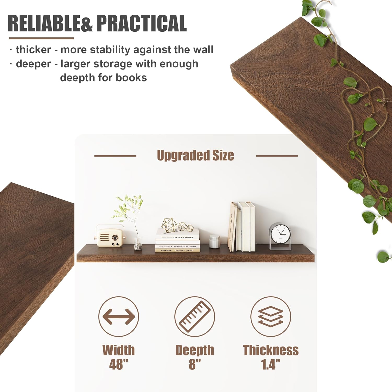 Floating Shelves for Wall, USA-Sourced Walnut Wood 48 Inch Long Wall Shelves, Natural Wooden Wall