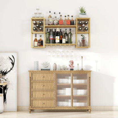 Wall Mounted Wine Rack with Glass Holder,Metal Floating Bar Liquor Shelves 2 Tier,Wine Glass Rack