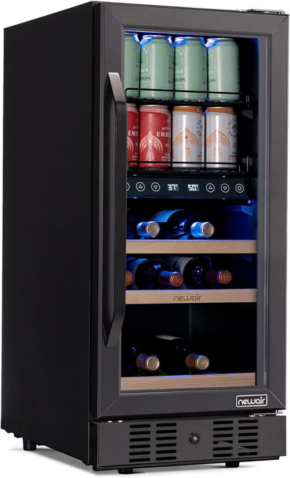 Newair 15" Wine and Beverage Refrigerator 9 Bottle and 48 Can Capacity, Beverage Cooler in