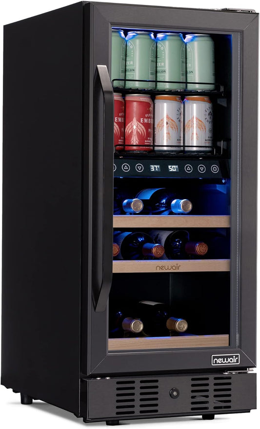 Newair 15" Wine and Beverage Refrigerator 9 Bottle and 48 Can Capacity, Beverage Cooler in