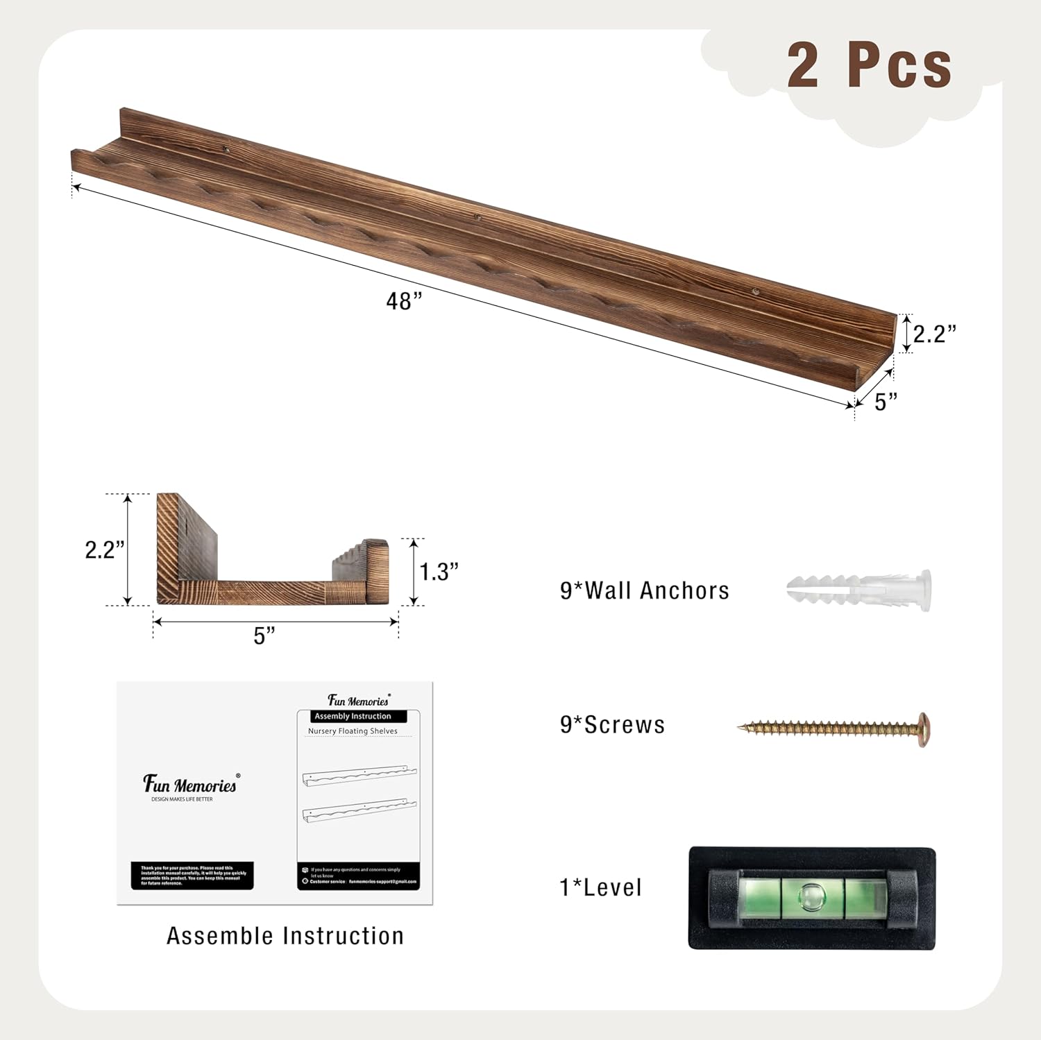 Fun Memories Picture Ledge Shelf for Wall, 48 inch Pine Wood Nursery Book Shelves Set of 2- Wall