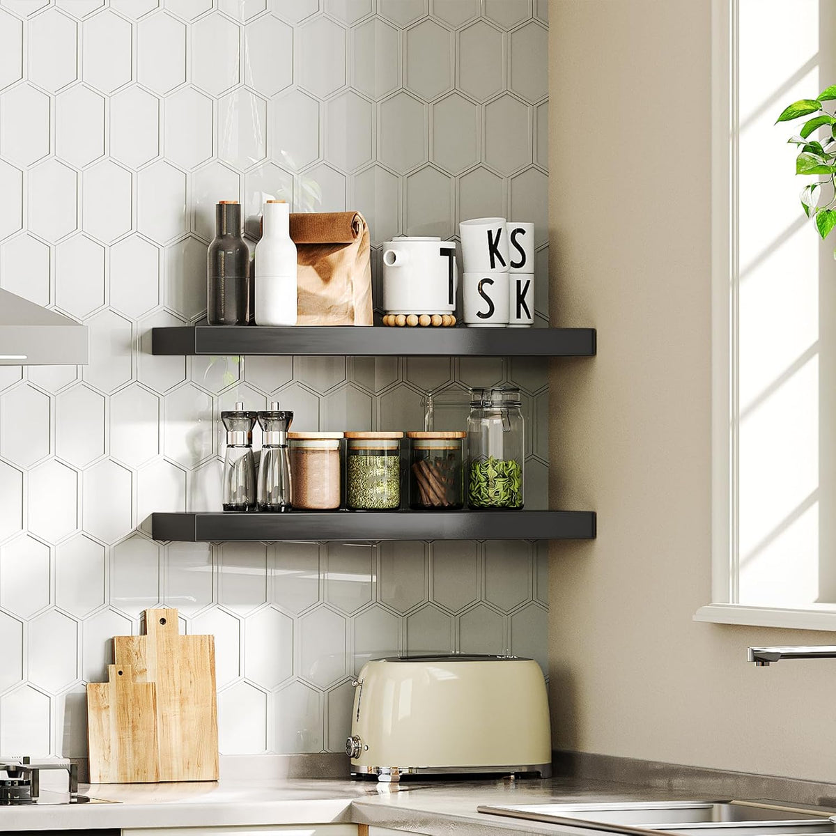 HOOBRO Floating Shelves for Wall, Wall Mounted Shelf Set of 2, 23.6" Hanging Shelf with Invisible