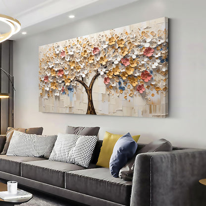 LASMOND 2D Flat White Spring Large Tree of Life Wall Art Office Decor Living Room Modern Painting