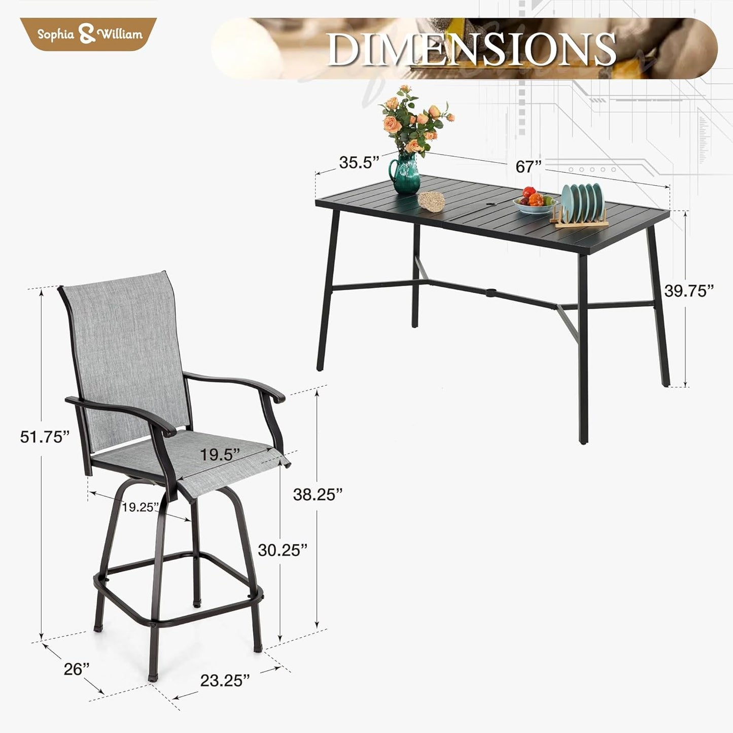 Sophia & William Outdoor Bar Set, Patio Bar Table and Chairs Set, Bar Height Patio Set - 4 x Swivel