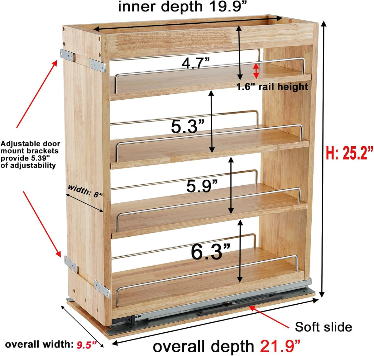 DINDON Pull Out Spice Rack Cabinet Organizer, (8" W x 21.9" D x 25.2" H) Multi-Use Soild Wood Pull