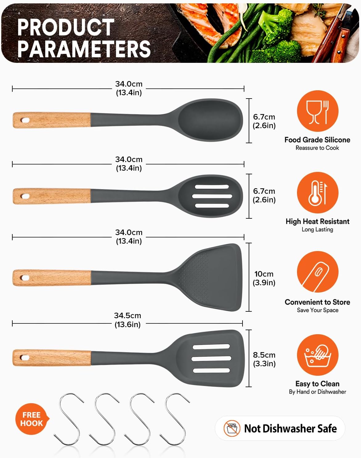 Silicone Cooking Utensils Set, Perfectly Angled for Frying, Mixing,Serving,Draining,Turning and
