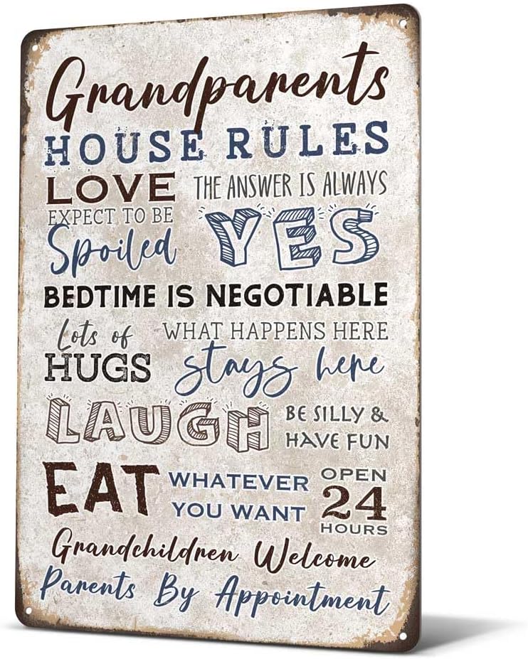 Heuhuww Grandparents Gifts-Vintage Grandparents House Rules Metal Sign for Grandma Grandpa from