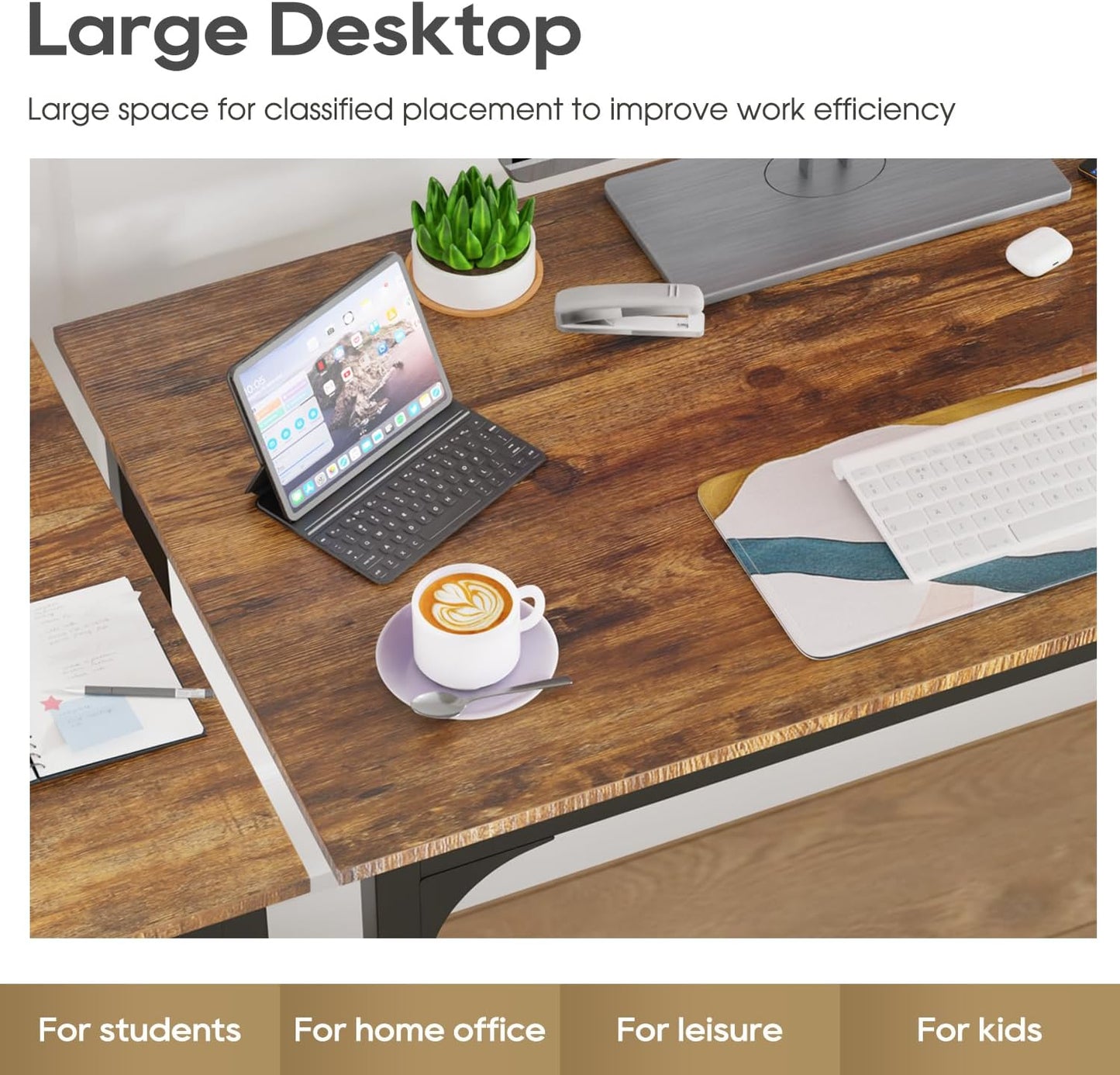 PayLessHere | 39 Inch Computer Desk | Brown | Office Desk with Metal Frame, Adjustable Feet |