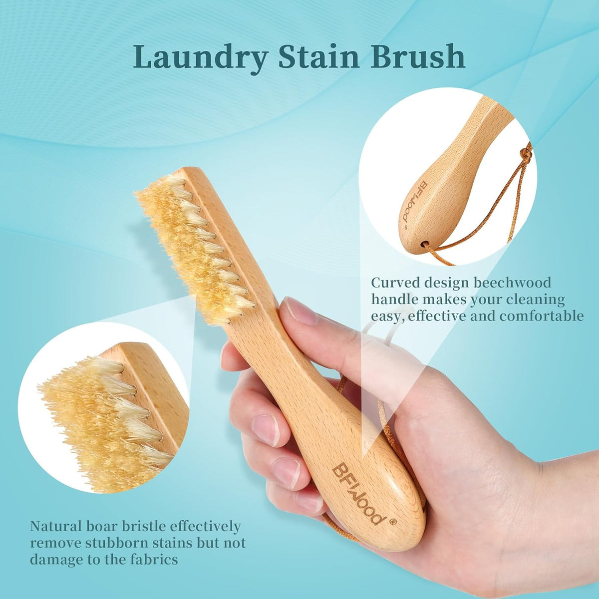 BFWood 2PCS Laundry Stain Brush - Natural Soft Boar Bristles, Removes Tough Stains from Delicate