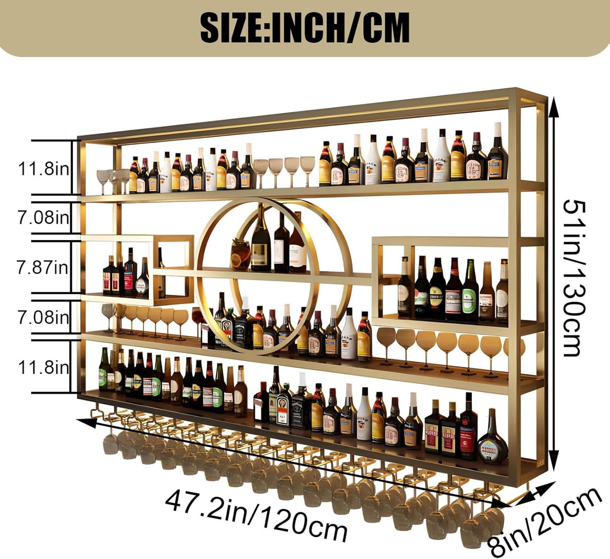 47.2in Wall Mounted Wine Rack, Modern Metal Wine Bottle and Glass Holder, Iron Display Stand