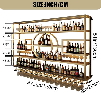 47.2in Wall Mounted Wine Rack, Modern Metal Wine Bottle and Glass Holder, Iron Display Stand