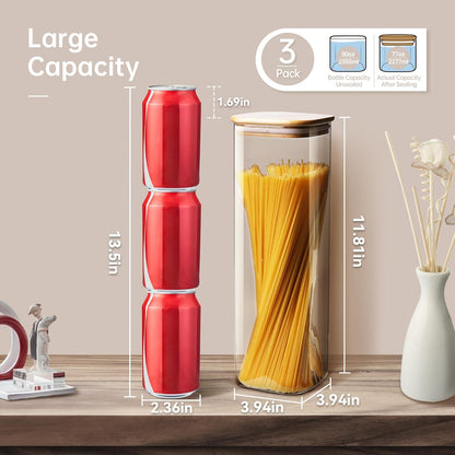 Square Glass Jars with Bamboo Lids 79 FL OZ [Set of 3], Glass Canisters with Airtight Lid, Glass
