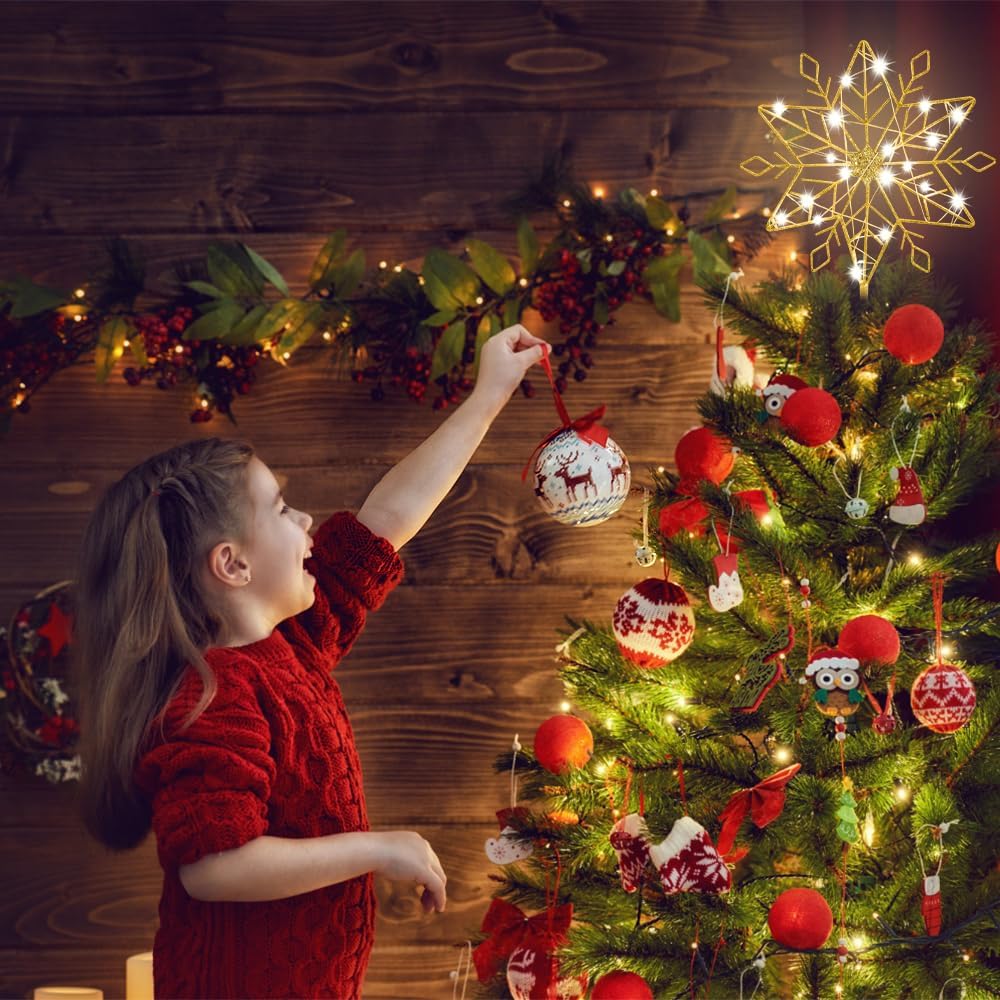 hogardeck Christmas Tree Topper, 10 Inches Lighted Gold Snow Tree Topper, 20 LED Lights Gold