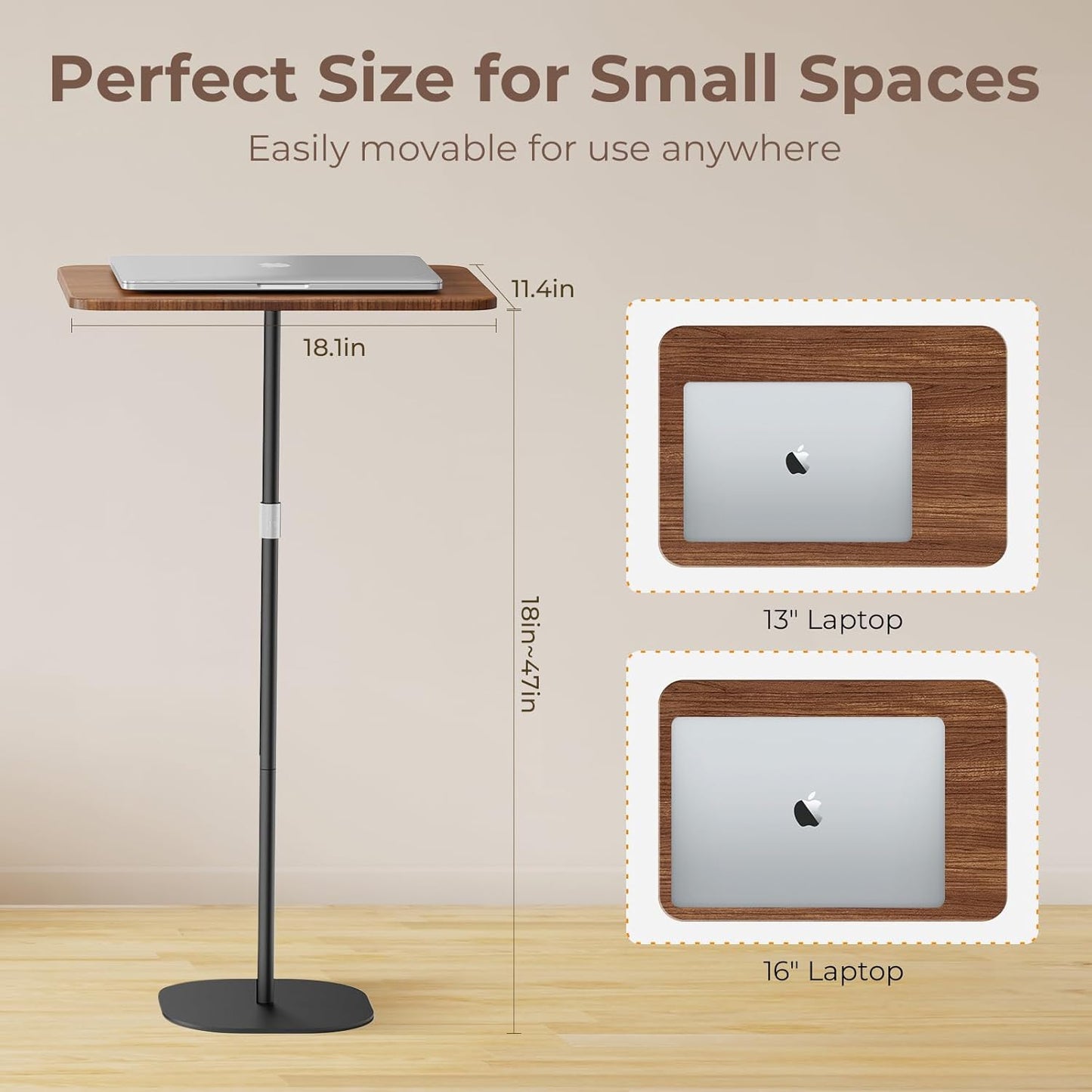 Portable Laptop Floor Stand, Bedside/Sofa Table with Height Adjustable 18''~47'', Stylish Movable