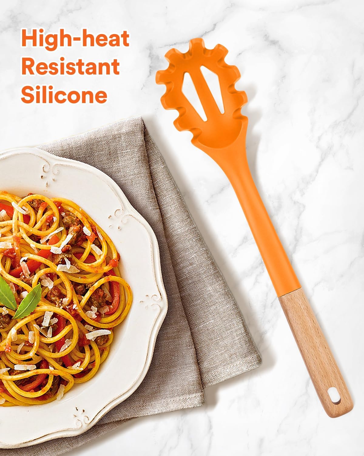 Silicone Pasta Fork, Kitchen Heat Resistant Noodle Spoon Server, BPA Free Spaghetti Strainer,12.8