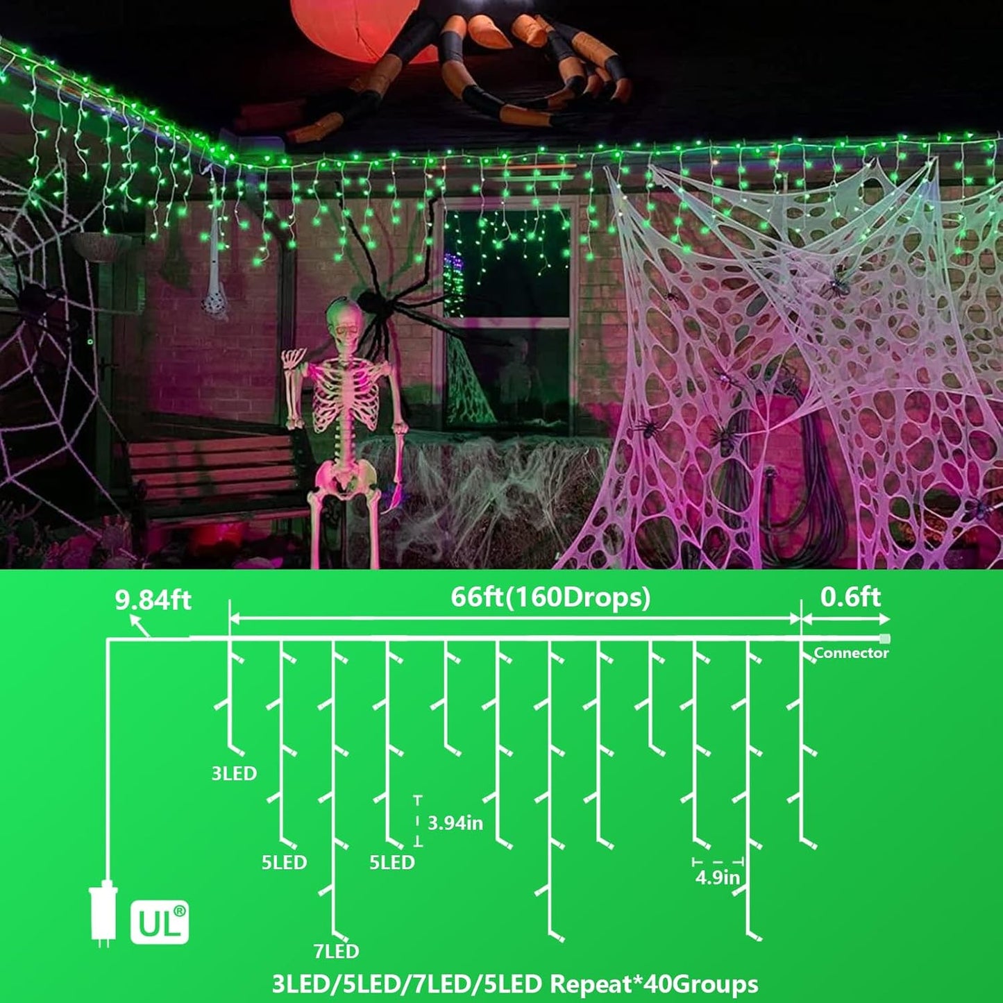 YEGUO 66ft 800 LED Green Icicle Lights Outdoor Waterproof, 160 Drops Icicle Christmas Light