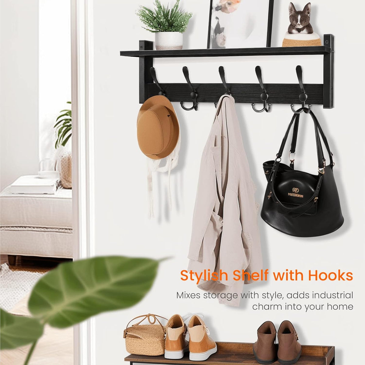 Homode Coat Rack with Shelf, 24" Coat Hooks Wall Mounted with Shelf, Wooden Hanging Coat Hanger