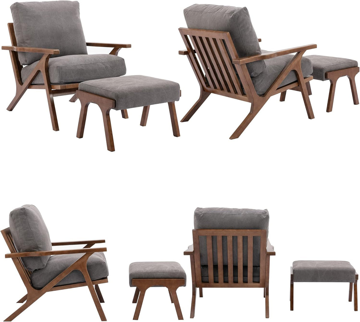Mid Century Modern Accent Chair with ottoman, Farmhouse Linen Upholstered Living Room Armchair and