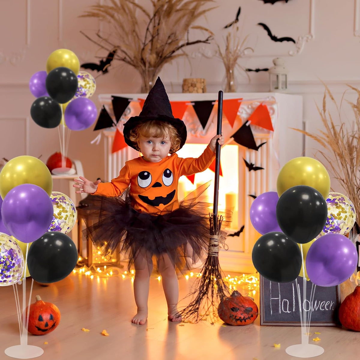 Halloween Decorations Balloon Stand with Purple Black and Gold Balloons Balloon Centerpieces for