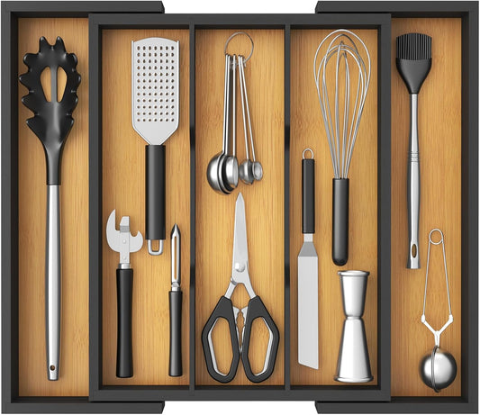 Lifewit Utensil Organizer for Kitchen Drawer, Bamboo Cooking Utensil Tray, Expandable Cutlery