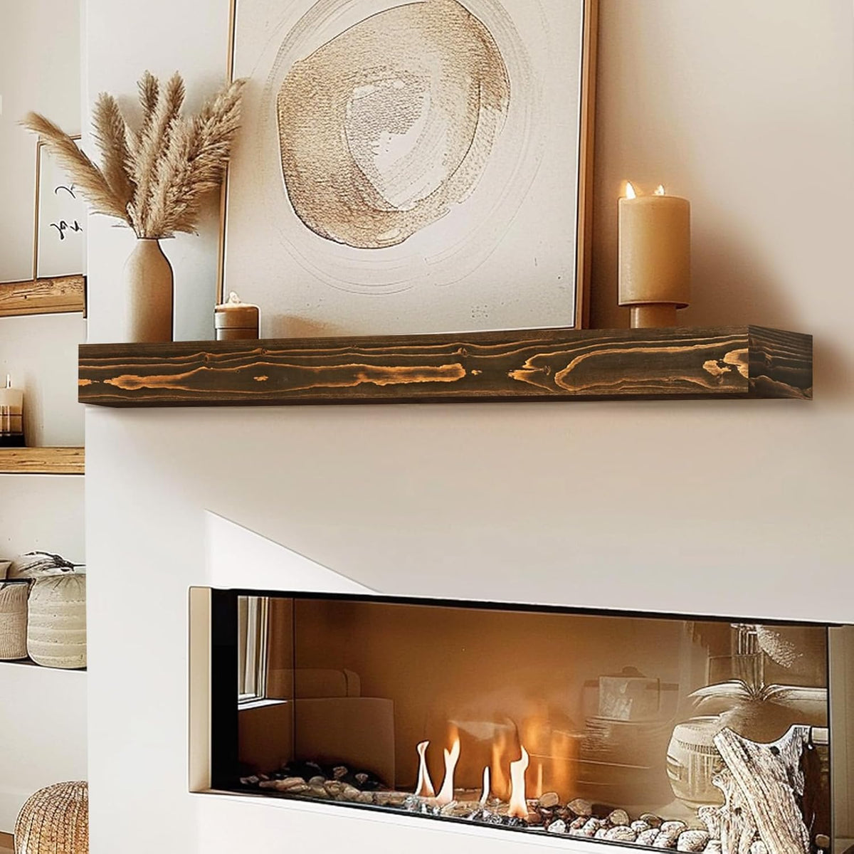 48x8x3 Fireplace Mantel - Handcrafted Hollow Rustic Solid Wood Wall Mounted Floating Shelf with