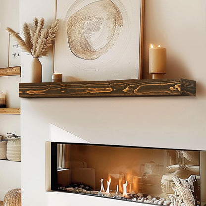 48x8x3 Fireplace Mantel - Handcrafted Hollow Rustic Solid Wood Wall Mounted Floating Shelf with