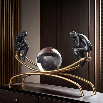 The Thinker Thinking Man Statue with Crystal Ball Sculpture Figurine, Home Office Living Room