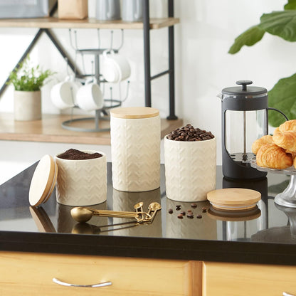 DII Kitchen Accessories Collection, Textured Matte Ceramic Canister Set, Antique White, Vine, 3