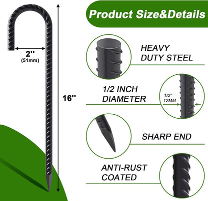 AAGUT Rebar Stakes 16 Inch 16 Pack 1/2" Heavy Duty J Hook Ground Spikes, Tent Stakes Chain Link