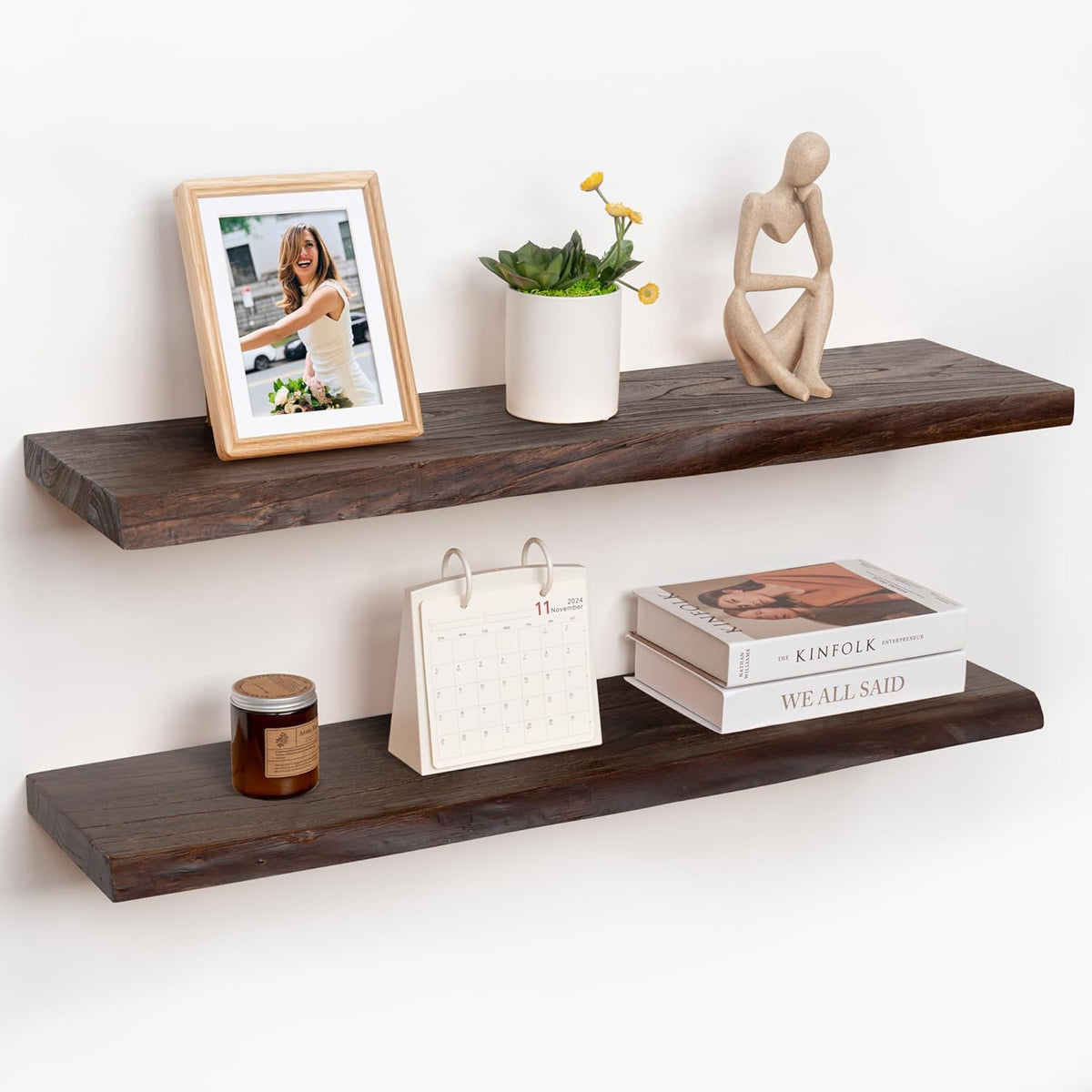 RICHFOCUS Live Edge Elm Floating Shelves - 36" W x 9.3" D Rustic Solid Wood Wall Shelves with