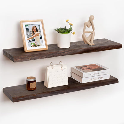 RICHFOCUS Live Edge Elm Floating Shelves - 36" W x 9.3" D Rustic Solid Wood Wall Shelves with