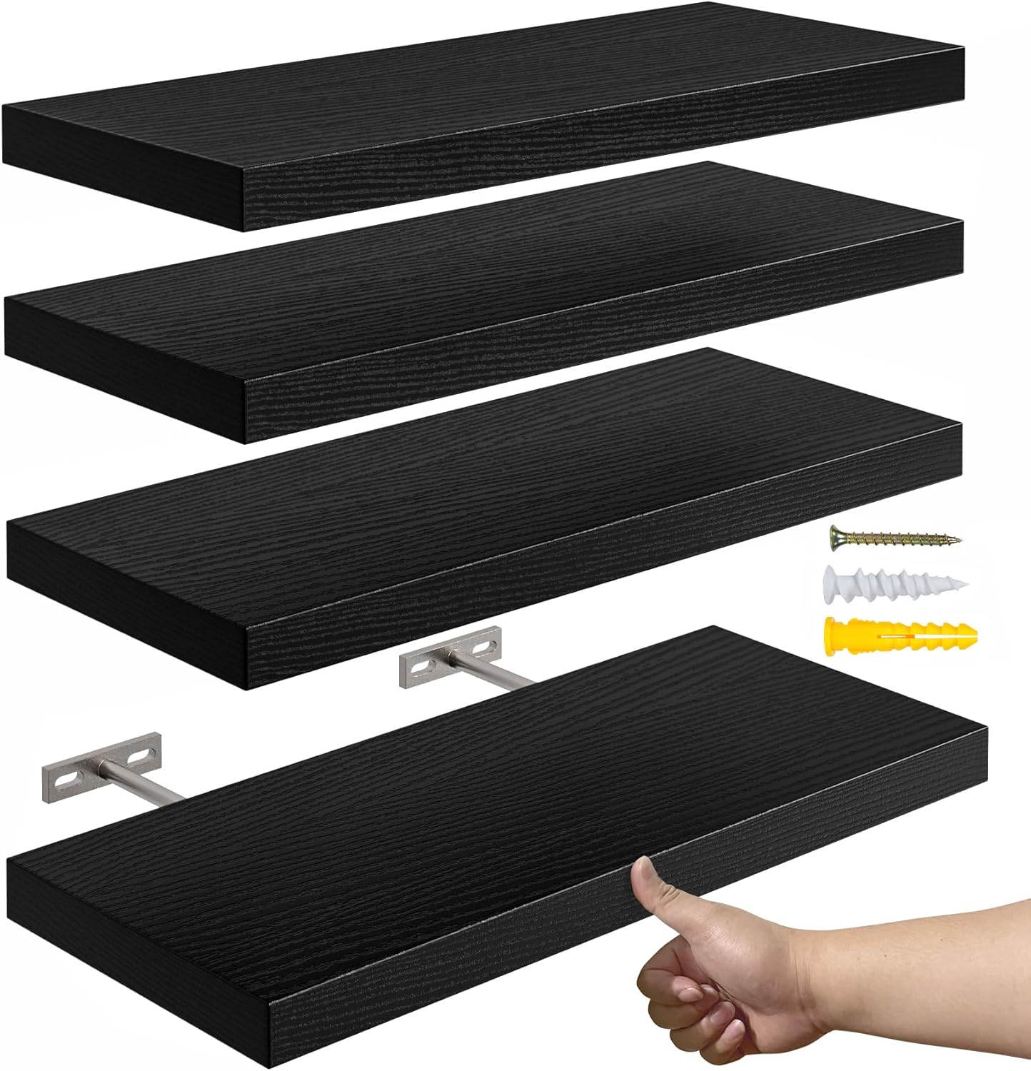 16’’Black Floating Shelves for Wall Set of 4,Rustic Wood Shelf for Room Decor/Storage/Display,Small