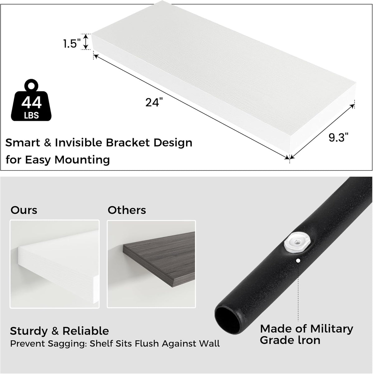 Floating Shelves - 2 Large Wall Mounted Shelves with Invisible Brackets, Long Wood Floating Wall