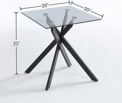 Modern Style Square Side Table with Grey Tempered Glass Top and Black Metal Tubular Legs with Gold