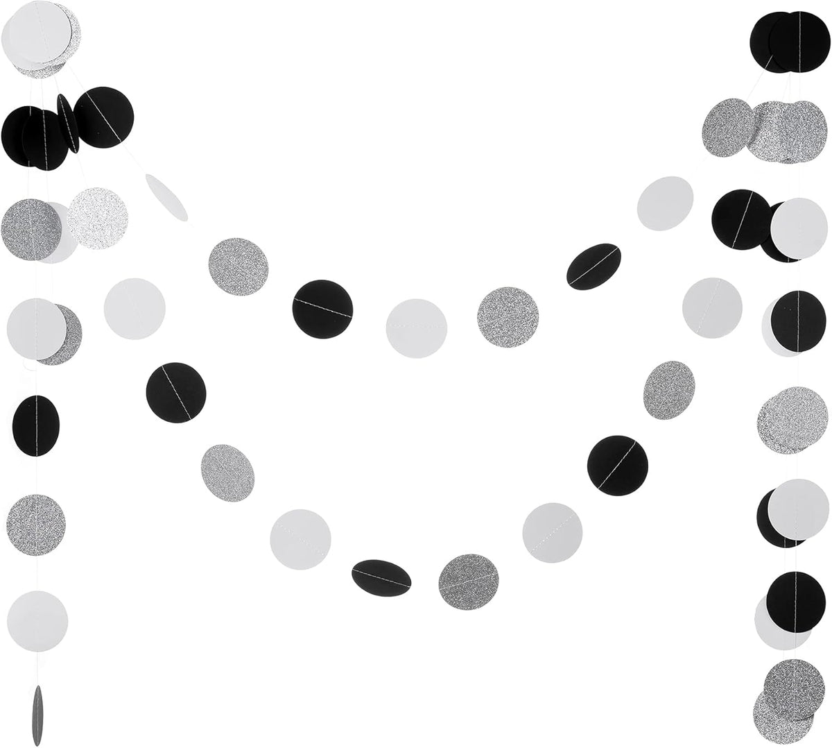 Black White Silver Glitter Paper Garland Circle Dot Streamer Banner for Graduation Bridal Shower