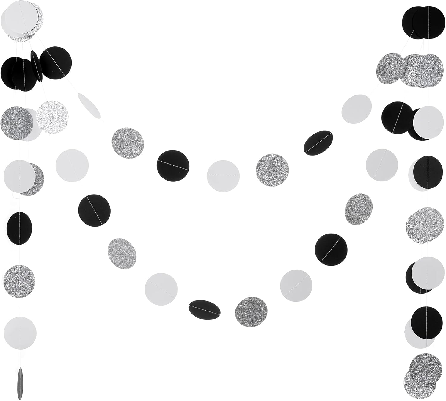Black White Silver Glitter Paper Garland Circle Dot Streamer Banner for Graduation Bridal Shower