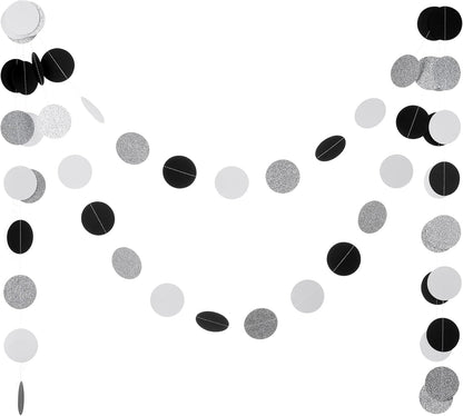 Black White Silver Glitter Paper Garland Circle Dot Streamer Banner for Graduation Bridal Shower