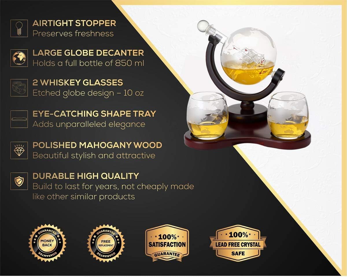 Whiskey Globe Decanter Set with 2 Glasses in Gift Box - Whiskey decanter for Liquor, Whiskey
