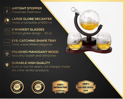 Whiskey Globe Decanter Set with 2 Glasses in Gift Box - Whiskey decanter for Liquor, Whiskey