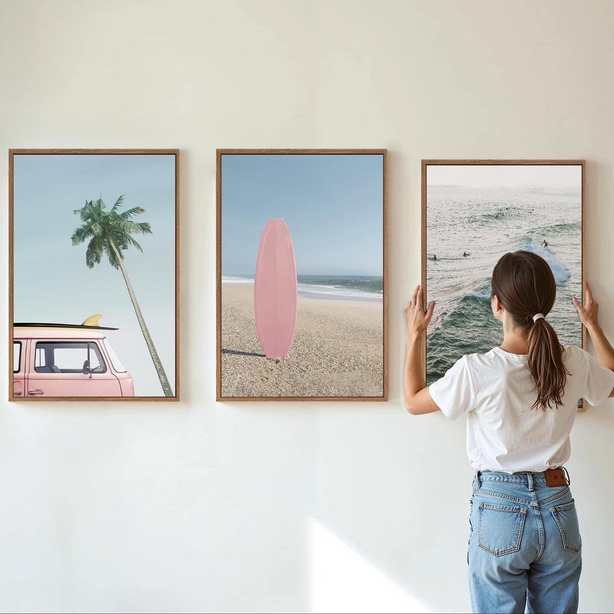 Tinonedraw Large Ocean Beach Framed Canvas Wall Art, Summer Coastal Surfboard Wall Decor, Palm Tree