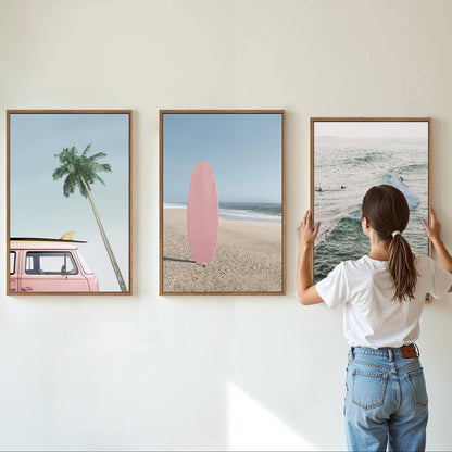 Tinonedraw Large Ocean Beach Framed Canvas Wall Art, Summer Coastal Surfboard Wall Decor, Palm Tree