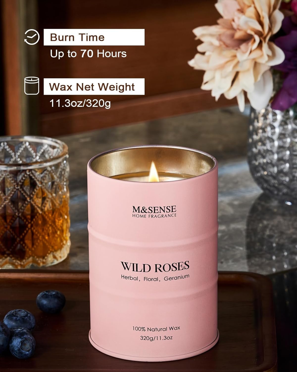 M&SENSE Wild Rose Natural Scented Candle, 70 Hours Long Lasting Soy Candles 11.3oz, Stress Relief