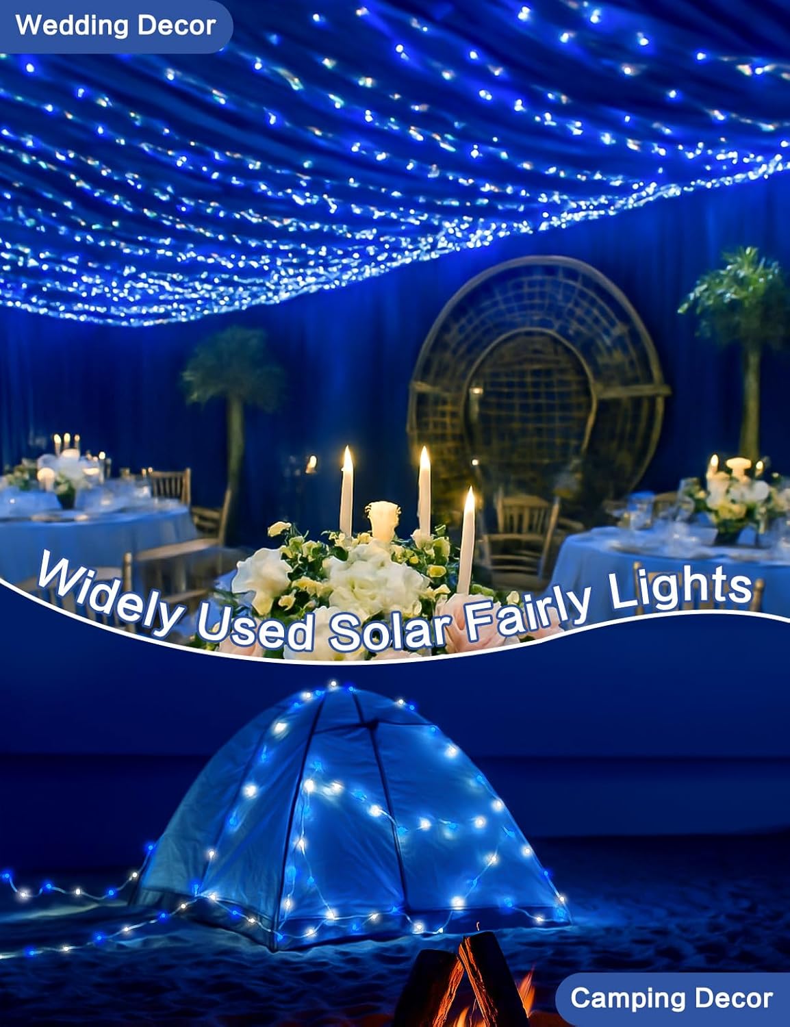 2 Pack Blue and White Solar String Lights Outdoor, 80FT 200 LED Waterproof Silver Wire Fairy Light