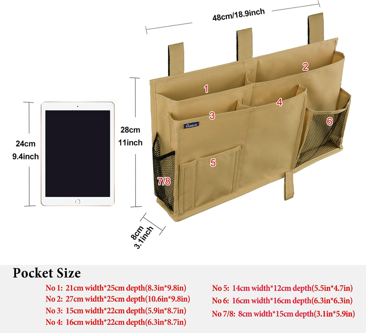 Surblue Bedside Caddy Hanging Bed Organizer Storage Bag Pocket for Bunk and Hospital Beds, College