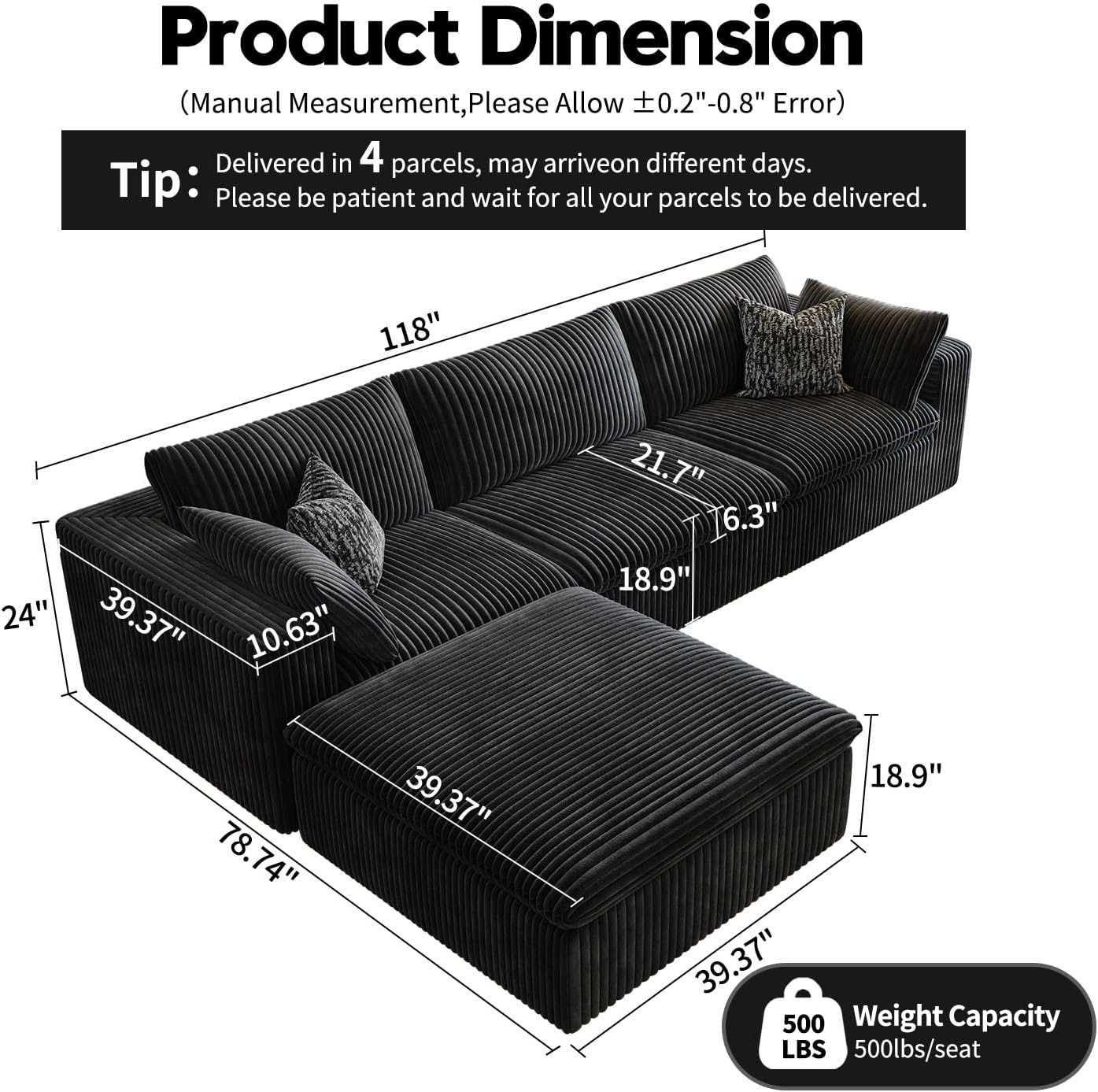 118" Cloud Couch Modular Sectional Sofa for Living Room,Modern Sofa with Deep Seat，L-Shape Boneless