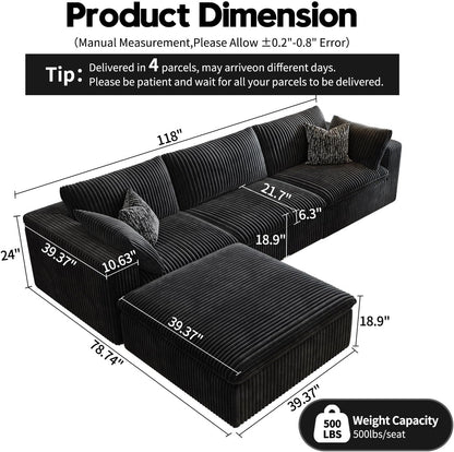 118" Cloud Couch Modular Sectional Sofa for Living Room,Modern Sofa with Deep Seat，L-Shape Boneless