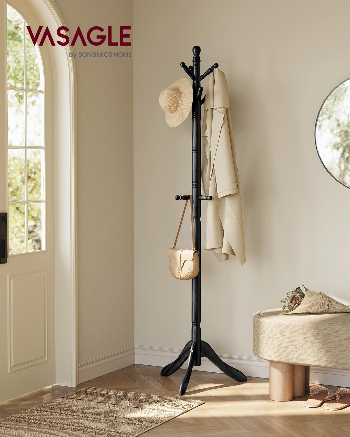 VASAGLE Solid Wood Coat Rack and Stand, Free Standing Hall Coat Tree with 10 Hooks for Hats, Bags