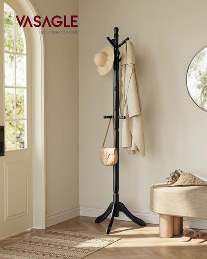 VASAGLE Solid Wood Coat Rack and Stand, Free Standing Hall Coat Tree with 10 Hooks for Hats, Bags